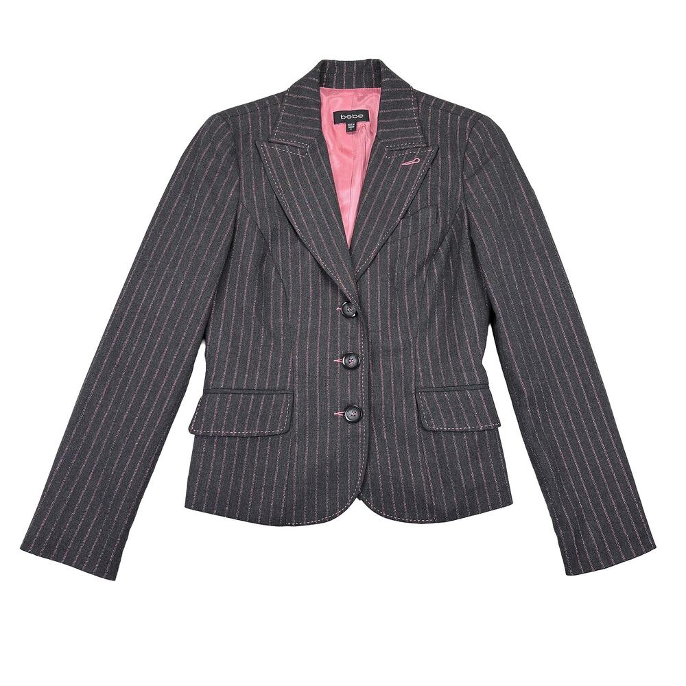 Y2K Bebe Pinstripe Blazer Women 6 Gray Pink VTG Office Coquette Slim Made Canada